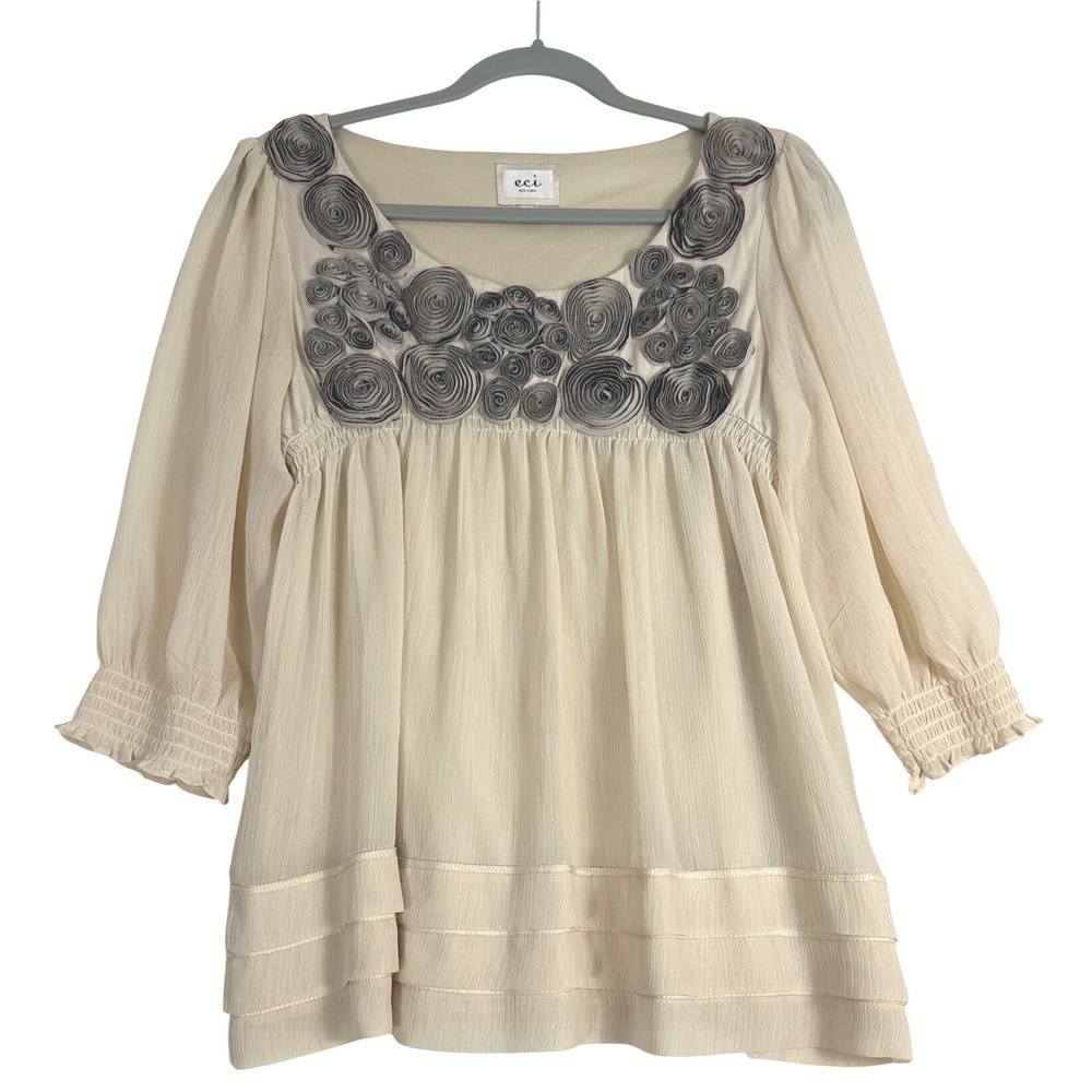 ECI New York Rosette Blouse Women 10 Cream Chiffon Boho Babydoll Fairy Top